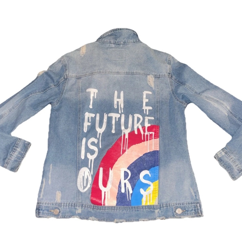 BBJ LA Womens Denim Jacket Sz M The Future is Ours Urban Wear Distressed Painted